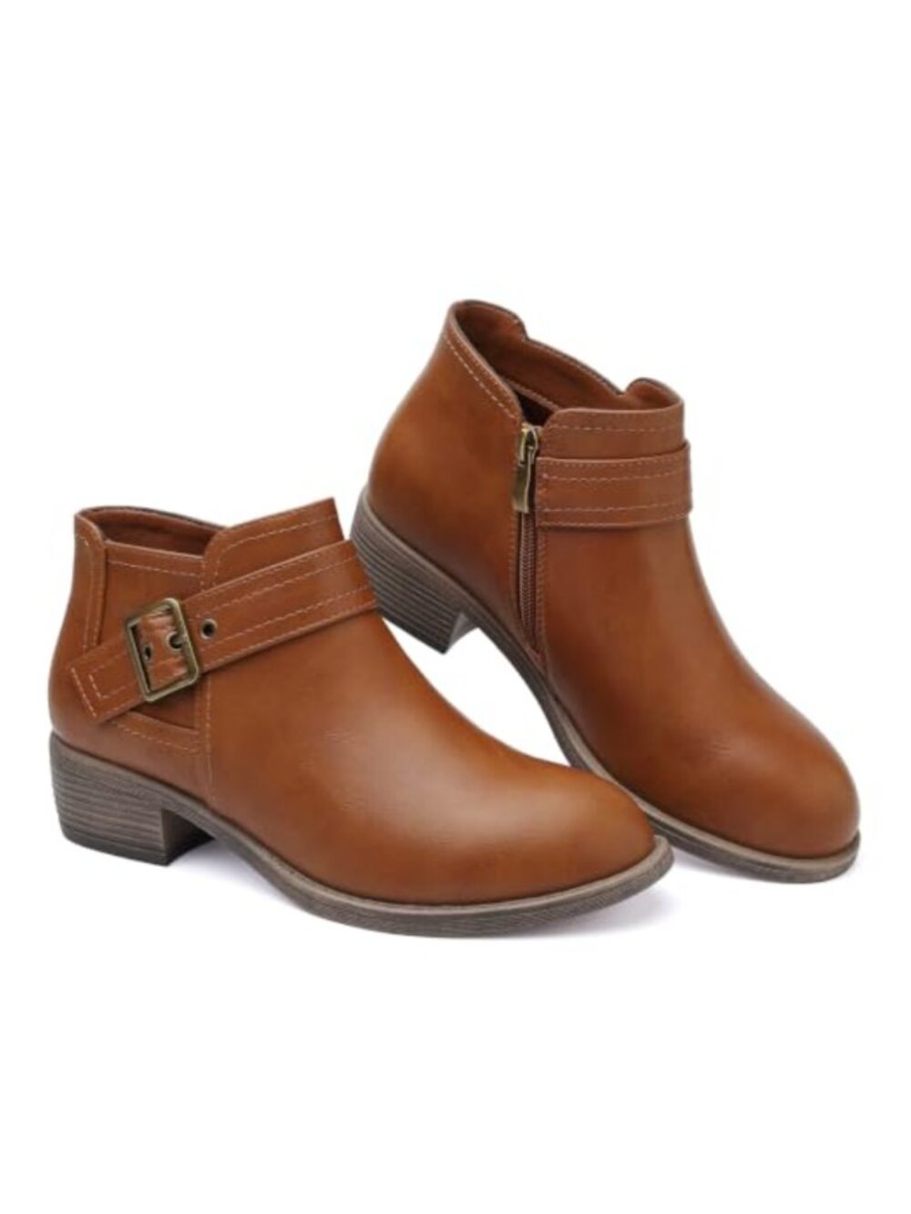 Waterproof Faux Leather Ankle Boots Low Block Heel Side Zip Round Toe